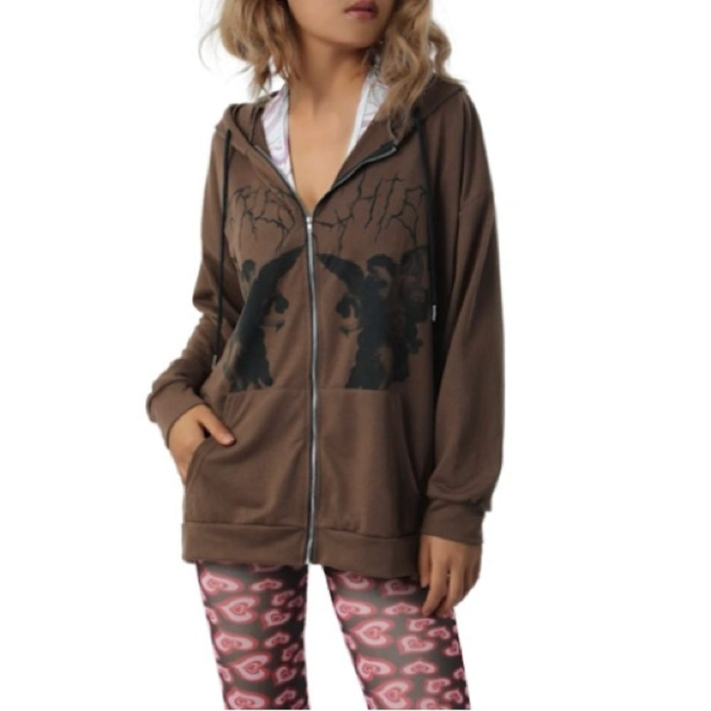 Women Y2K Print Hoodie Long Sleeve Zipper Cardigan Sweatshirt